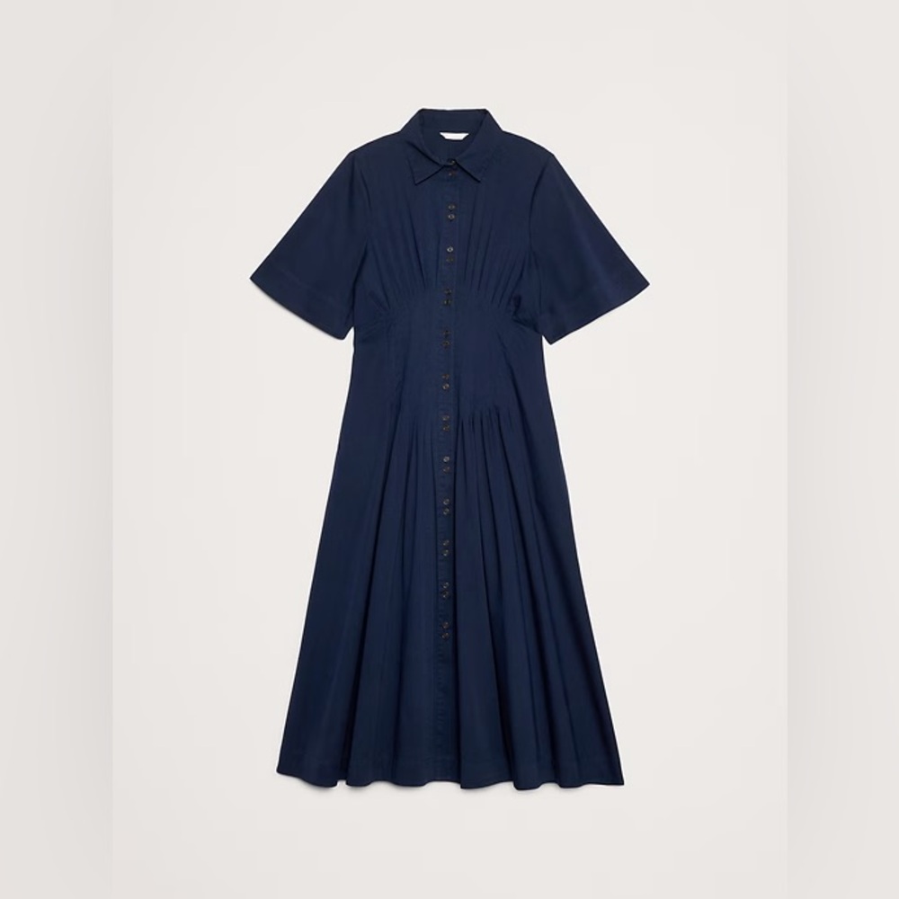 NWT! Banana Republic Navy Stretch-Cotton Poplin Pintuck Long-Midi Shirt Dress - Picture 4 of 8